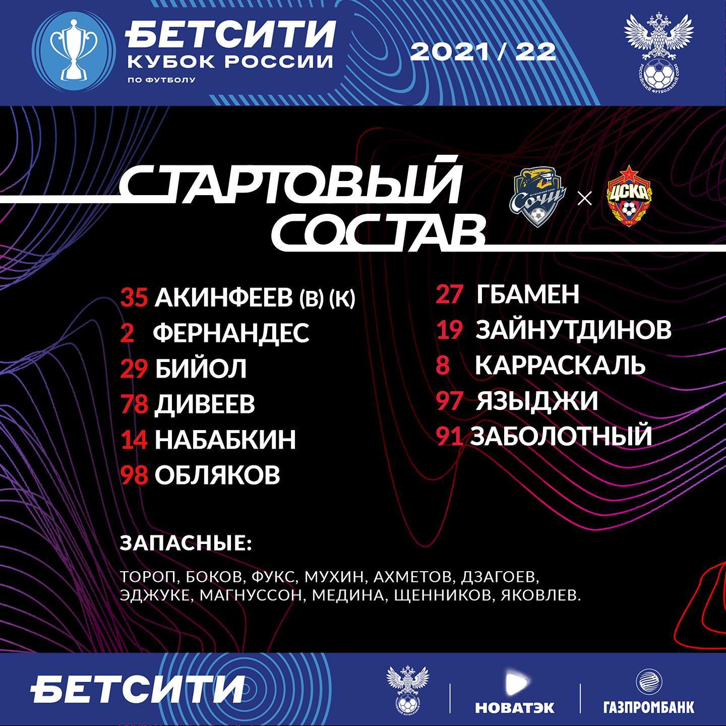 Стартовый состав ЦСКА на матч со «Сочи»