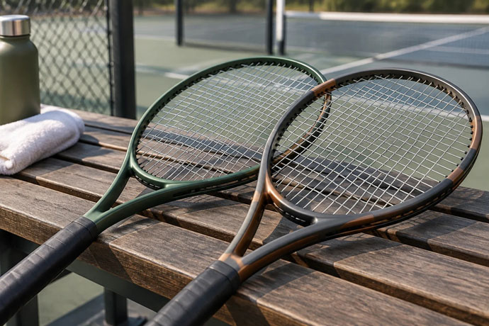 Две профессиональные теннисные ракетки Wilson лежат на деревянной скамейке рядом с белым полотенцем и бутылкой воды на фоне теннисного корта