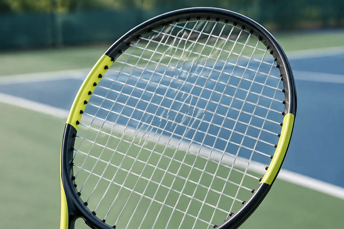 Крупный план головы теннисной ракетки Wilson с натянутыми струнами на фоне разметки теннисного корта